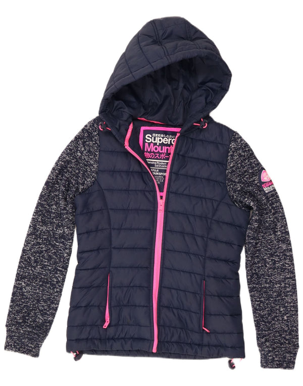 Superdry Veste matelassée à capuche pour femme UK 8 Small Bleu Marine Moucheté Polyester
