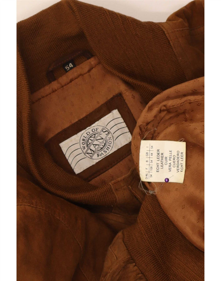 vintage Mens Suede Bomber Jacket UK 44 2XL Cuir Marron