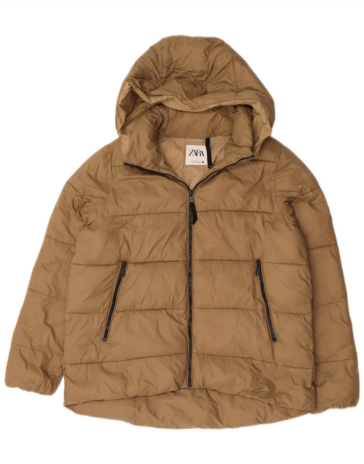 Zara Veste matelassée surdimensionnée à capuche pour femme UK 14 Nylon beige moyen