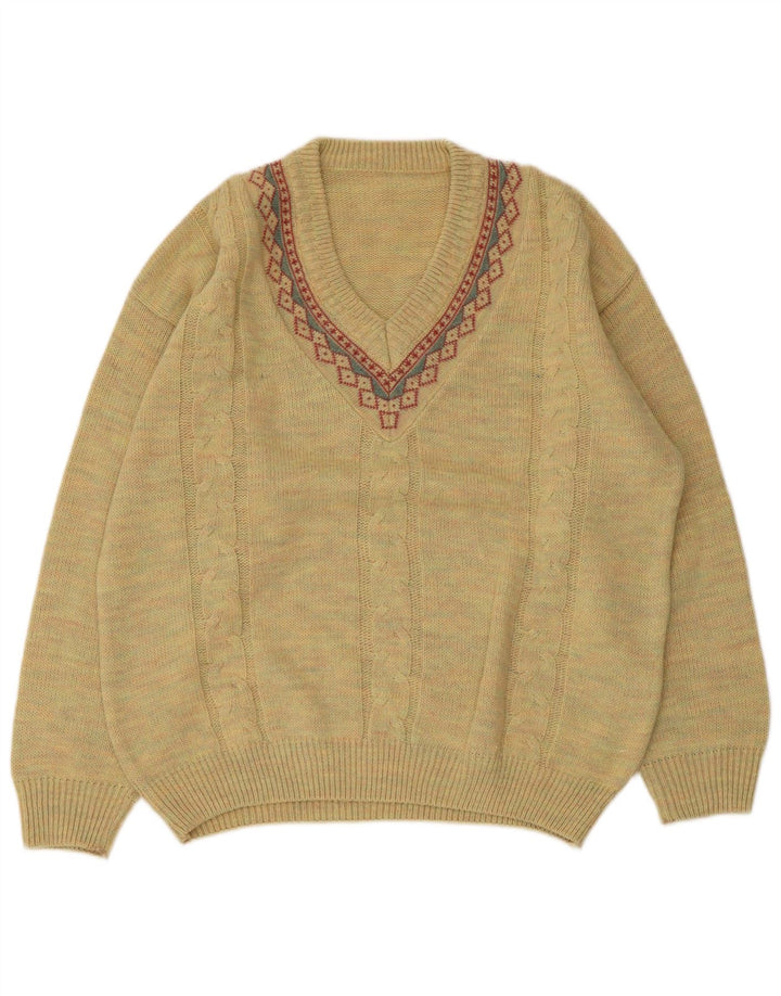 vintage Mens V-Col Jumper Pull Grande Laine Géométrique Jaune
