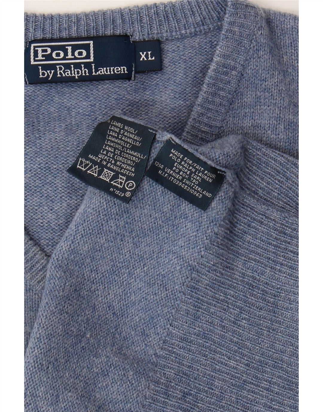 POLO RALPH LAUREN Pull Col V Homme XL Bleu Moucheté Laine d'Agneau