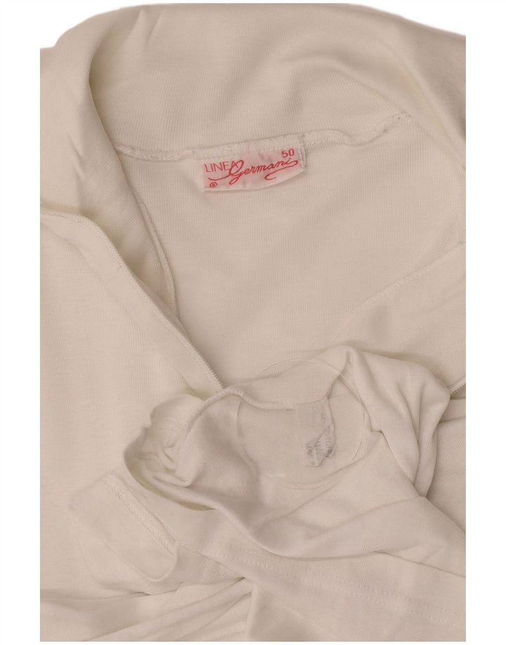 vintage Femmes Zip Neck Top Manches Longues UK 12 Coton Blanc Moyen