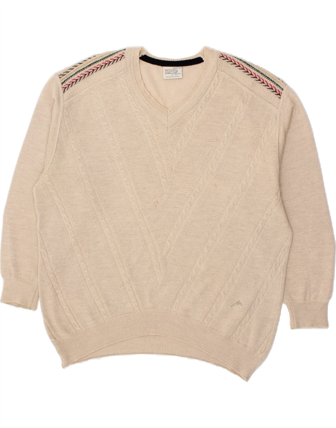MASELLI Mens Loose Fit V-Neck Jumper Sweater IT 50 Medium Beige Wool Vintage Maselli and Second-Hand Maselli from Messina Hembry 