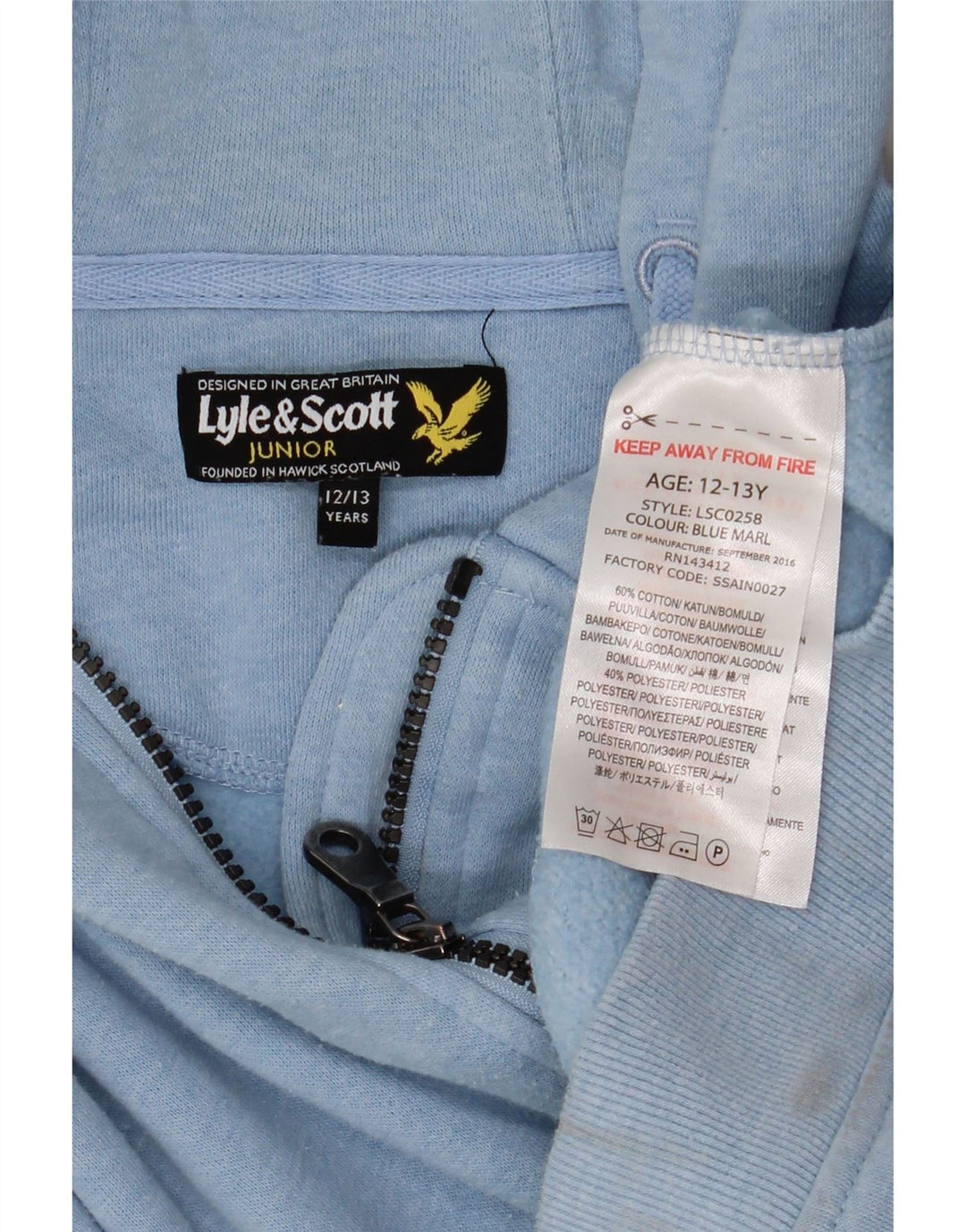 LYLE & SCOTT Pull à capuche zippé garçon 12-13 ans Bleu Coton