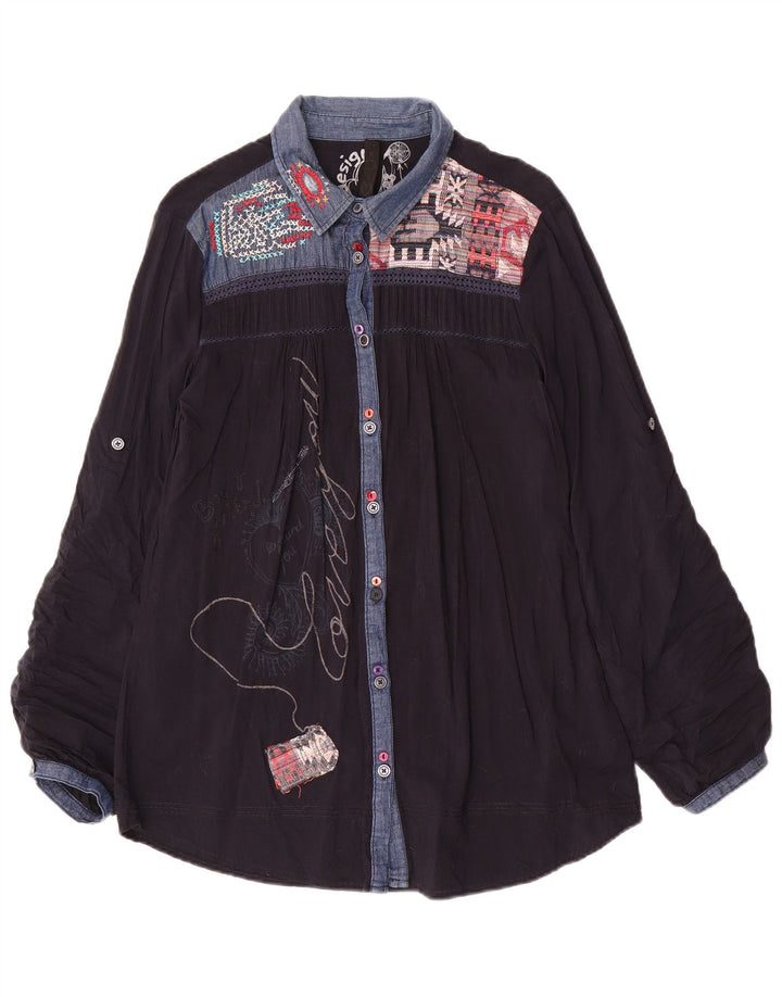 Desigual Femme Chemise Graphique Blouse UK 18 XL Bleu Marine Patchwork