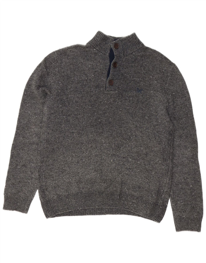 Crew Clothing Pull à col boutonné pour homme en laine d'agneau mouchetée gris moyen