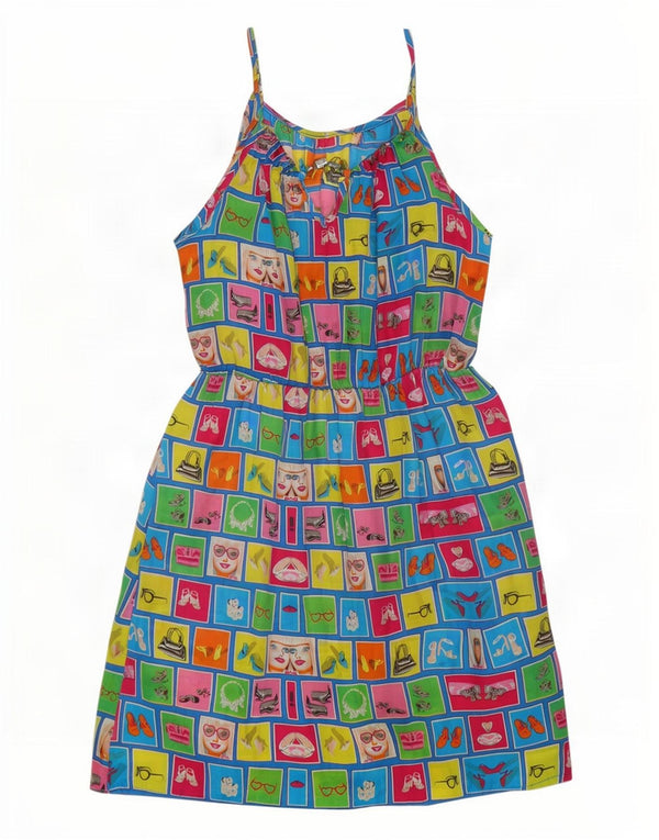 vintage Womens Graphic Sundress UK 14 Grand coton patchwork multicolore