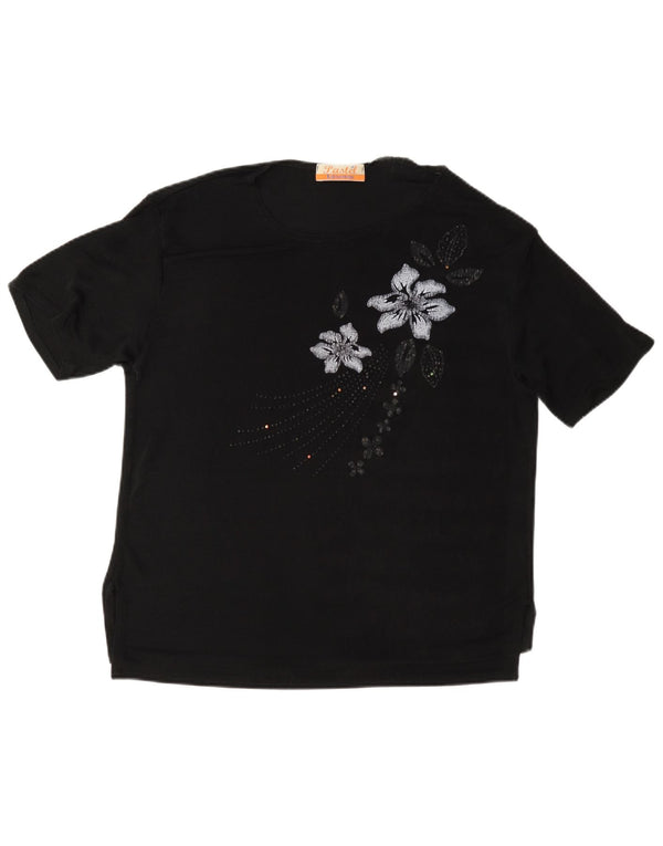 vintage Femme T-Shirt Top UK 16 Grand Noir Floral