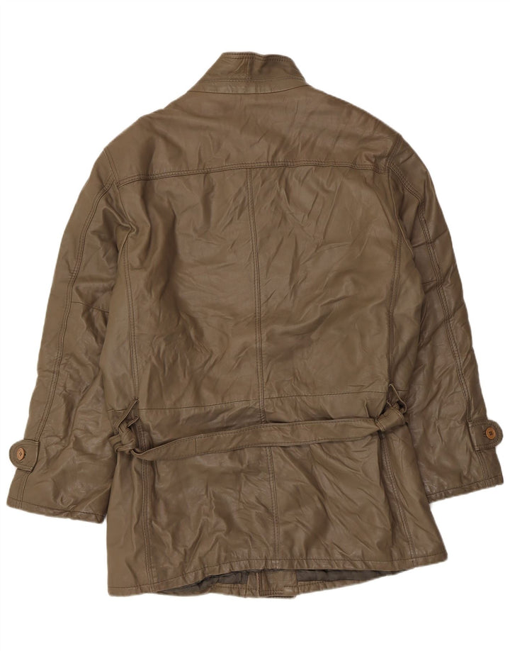 VINTAGE Womens Leather Coat UK 14 Large Khaki Leather