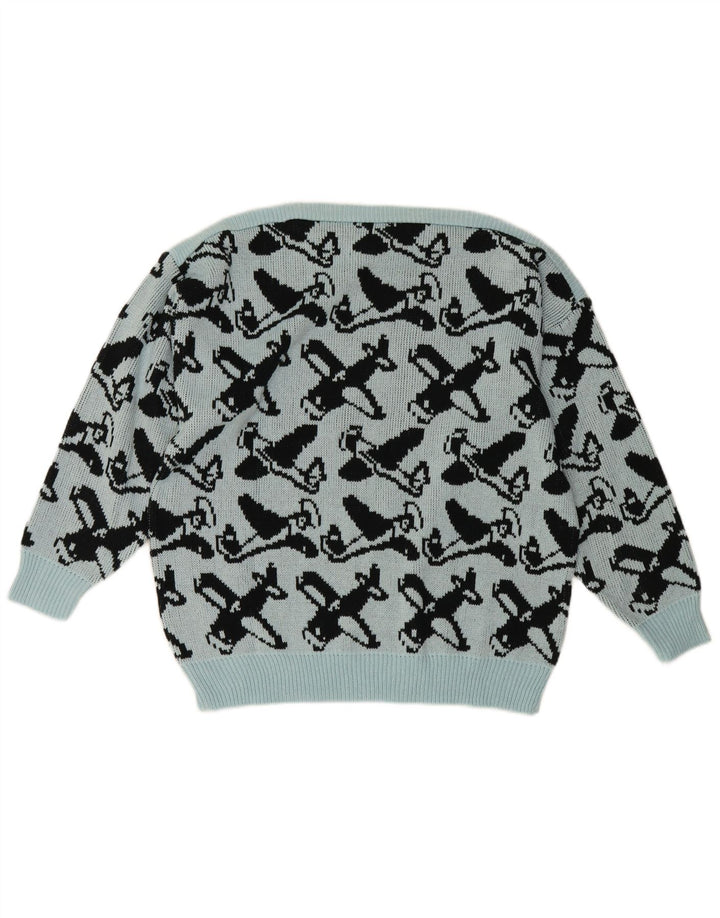 vintage Femmes Motif Abstrait Bateau Cou Jumper Pull EU 40 Bleu Moyen