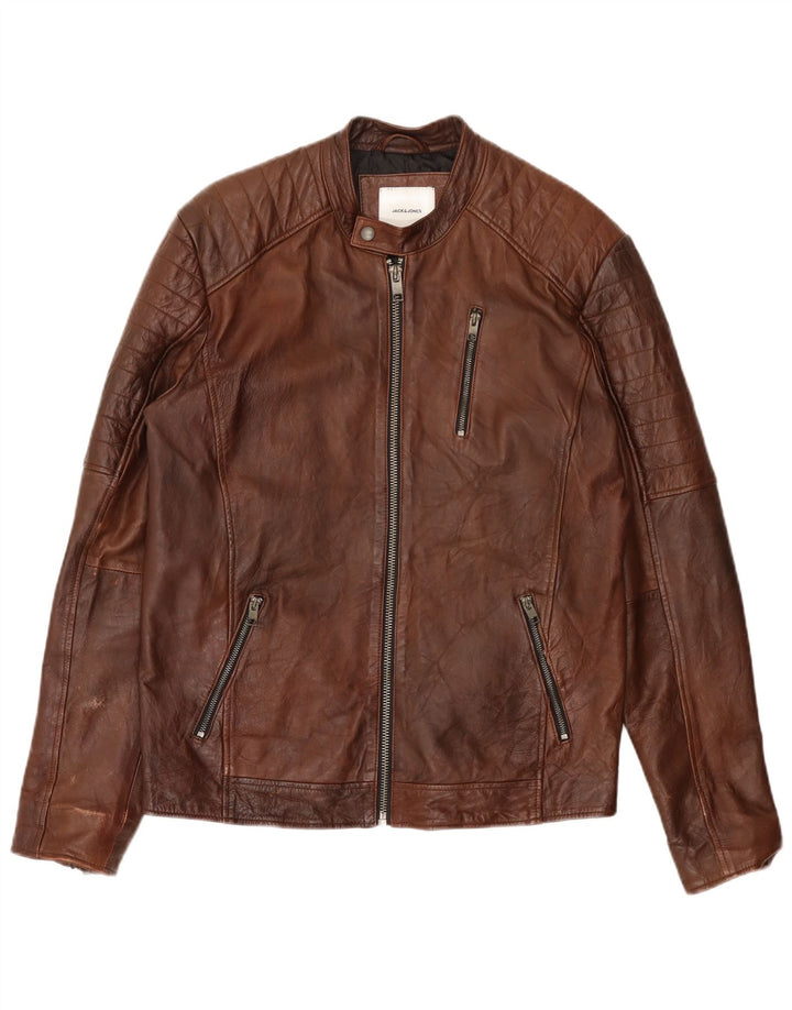 Jack & Jones Veste de motard en cuir pour homme UK 40 Grand cuir marron
