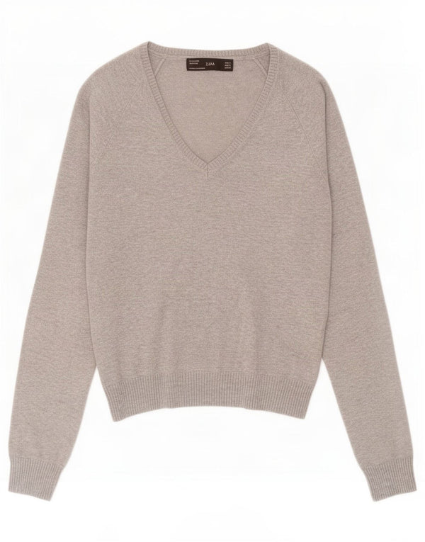 Zara Pull col V pour femme UK 8 Petit coton moucheté gris