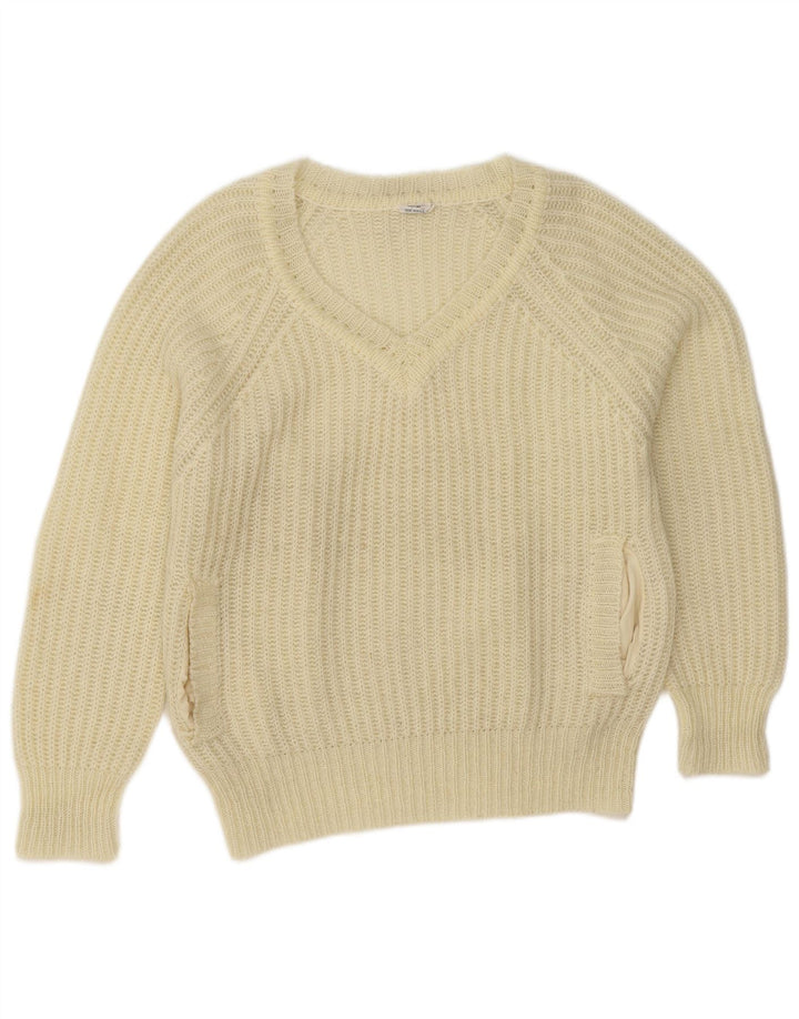 vintage Femme V-Col Jumper Pull EU 38 Moyen Off White Acrylique
