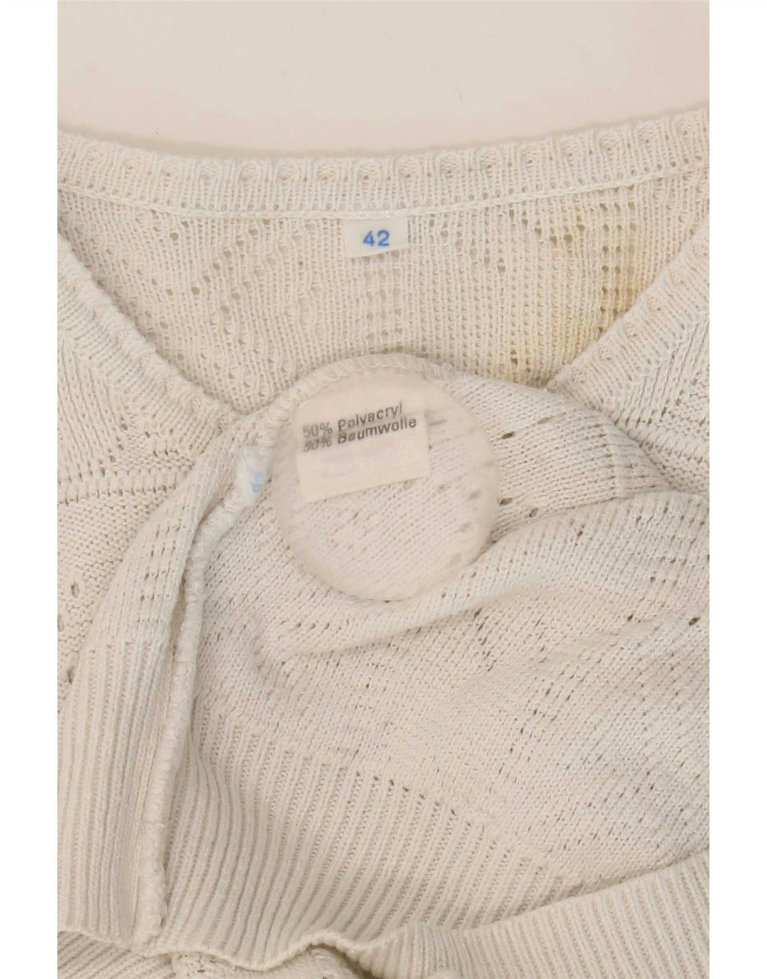 vintage Femme Bouton Neck Jumper Pull IT 42 Acrylique Blanc Moyen