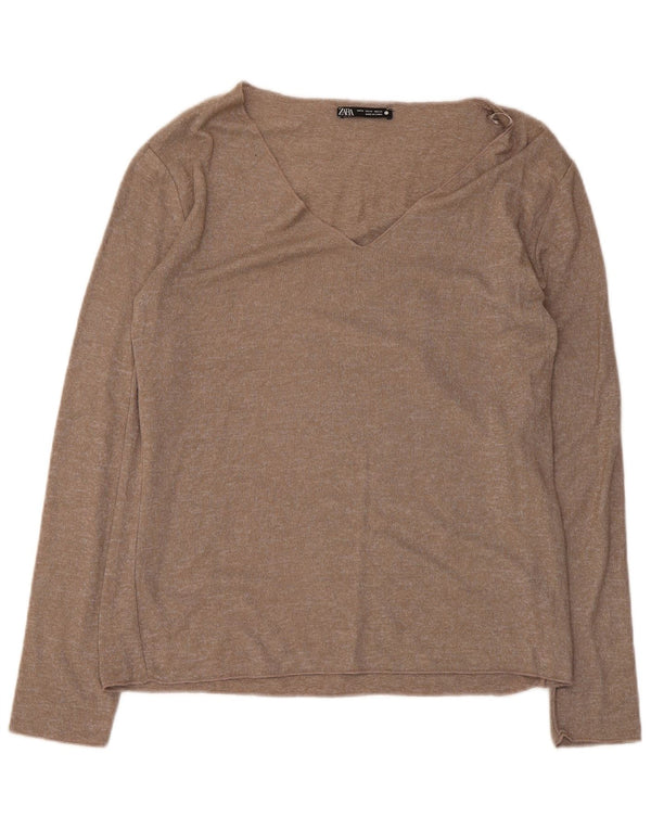 Zara Femme Top Manches Longues UK 12 Viscose Marron Moyen