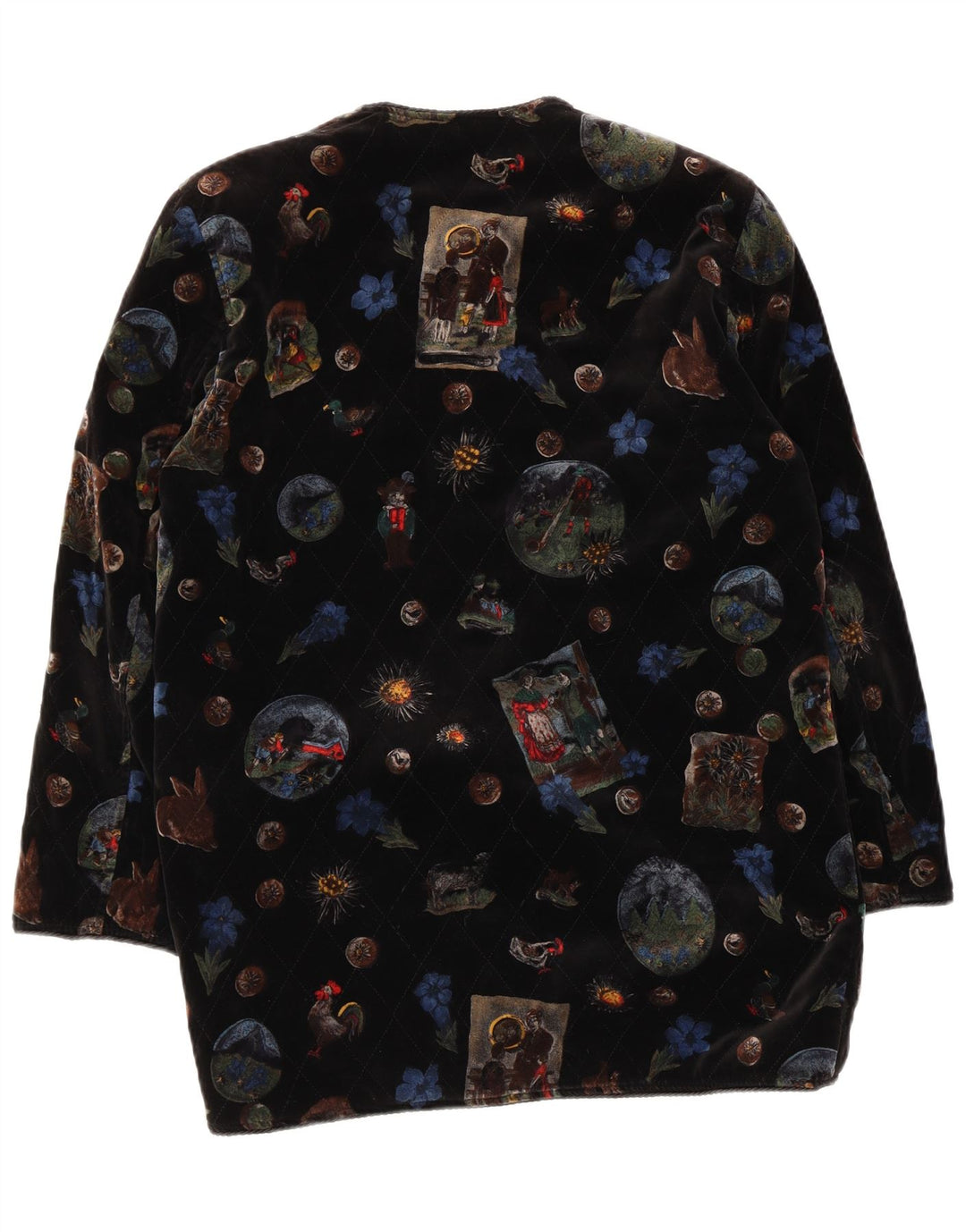 vintage Femmes Graphique Velours Pardessus UK 12 Moyen Noir Floral