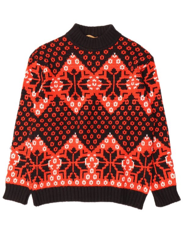 vintage Femme Turtle Neck Jumper Pull IT 48 XL Rouge Fair Isle Laine