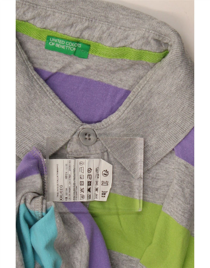 BENETTON Polo Homme 2XL Gris Rayé Coton