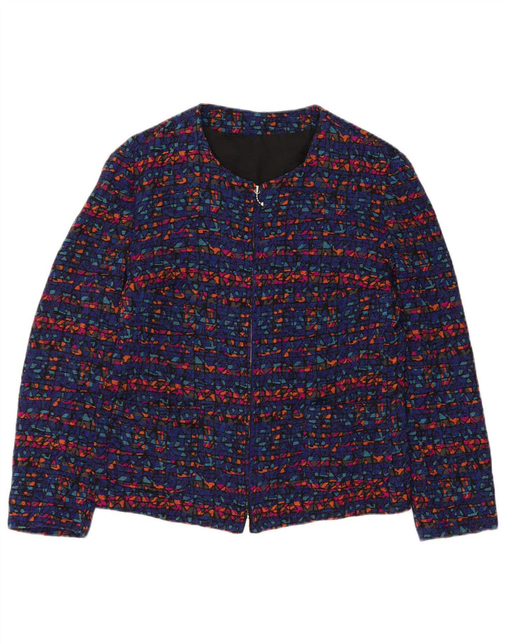 vintage Femmes Full Zip Blazer Jacket UK 8 Petit Bleu Géométrique