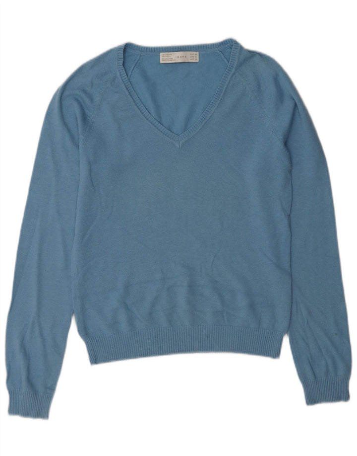 Zara Pull col en V pour femme UK 12 Bleu moyen Coton
