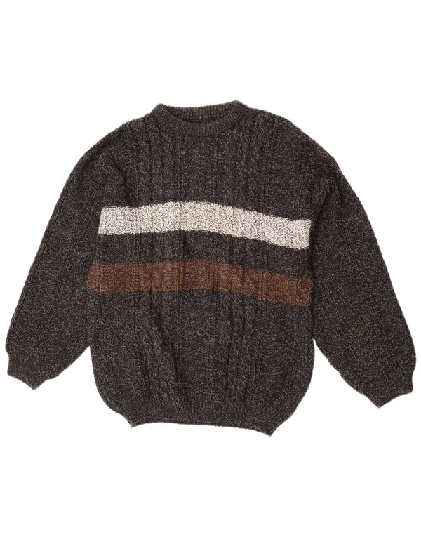vintage Mens Crew Neck Jumper Pull Grand Gris Colorblock Acrylique