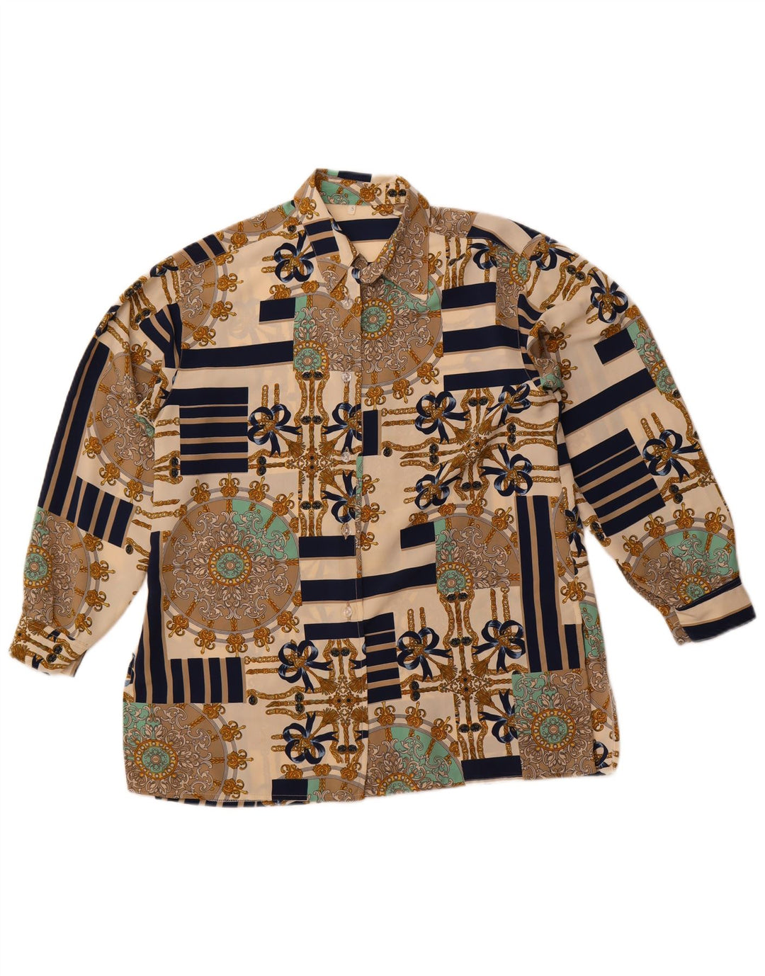 vintage Femmes Motif Abstrait Chemise Chemise Blouse UK 10 Petit Beige