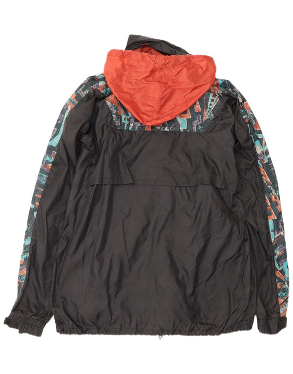 vintage Mens Hooded Anorak Rain Jacket UK 38 Moyen Noir Géométrique