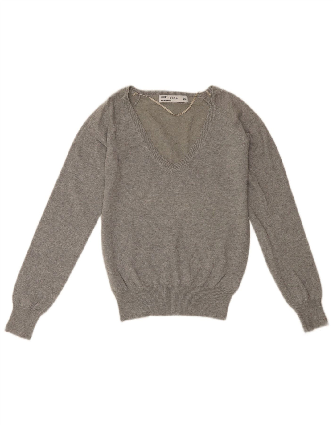 ZARA Pull court à col en V pour femme UK 10 Petit coton gris