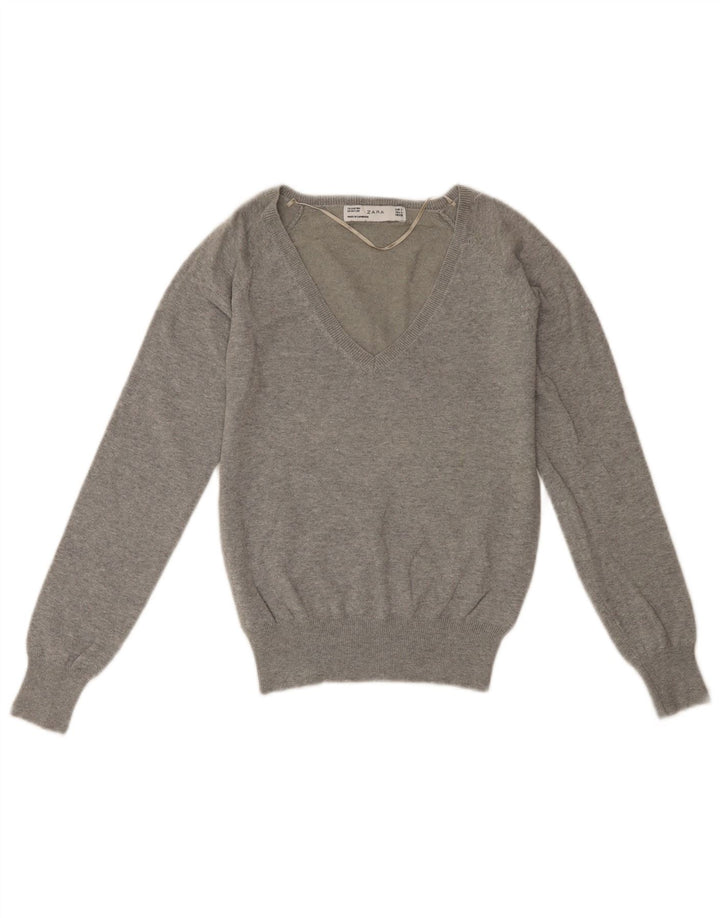 ZARA Pull court à col en V pour femme UK 10 Petit coton gris