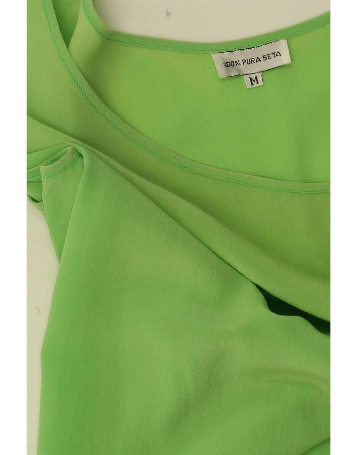 vintage Femme Blouse Sans Manches Top UK 12 Soie Verte Moyenne