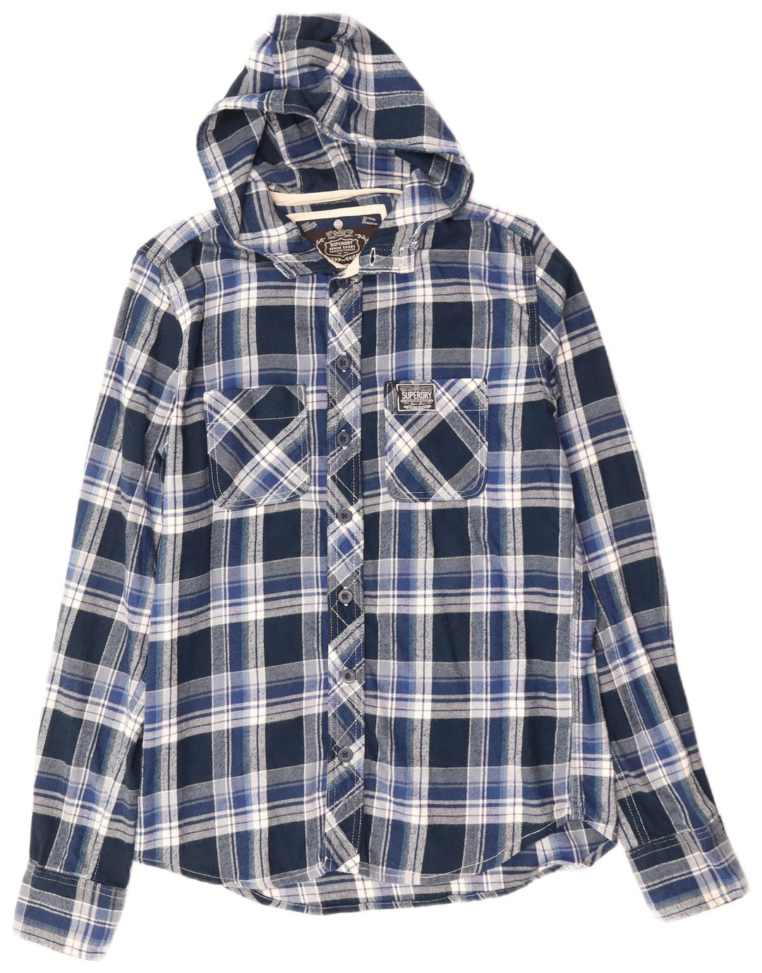 SUPERDRY Chemise à capuche en flanelle pour homme en coton à carreaux bleu moyen