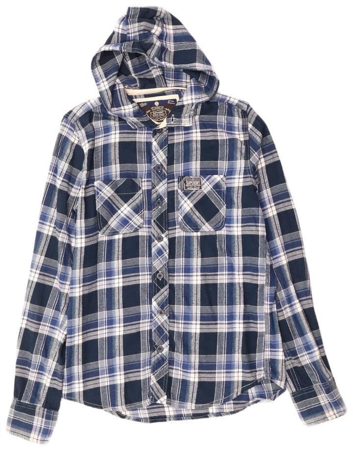 SUPERDRY Chemise à capuche en flanelle pour homme en coton à carreaux bleu moyen
