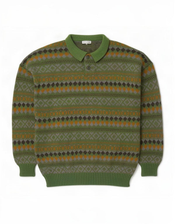 vintage Mens Polo Neck Jumper Pull Moyen Vert Fair Isle Laine
