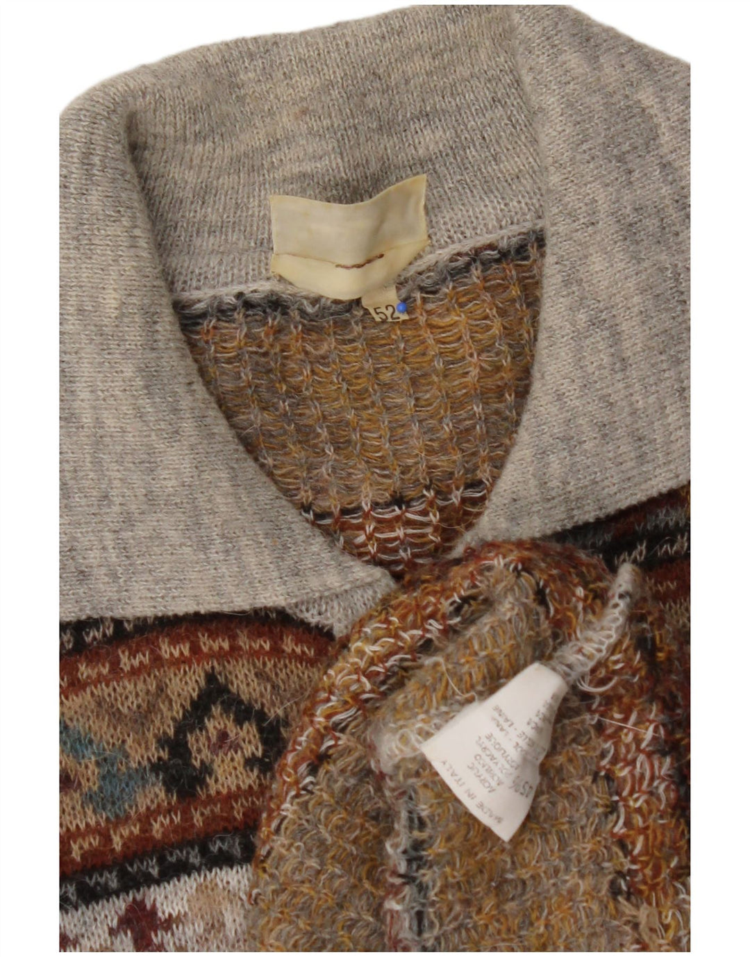 VINTAGE Pull col polo pour homme IT 52 Grand marron Fair Isle Acrylique