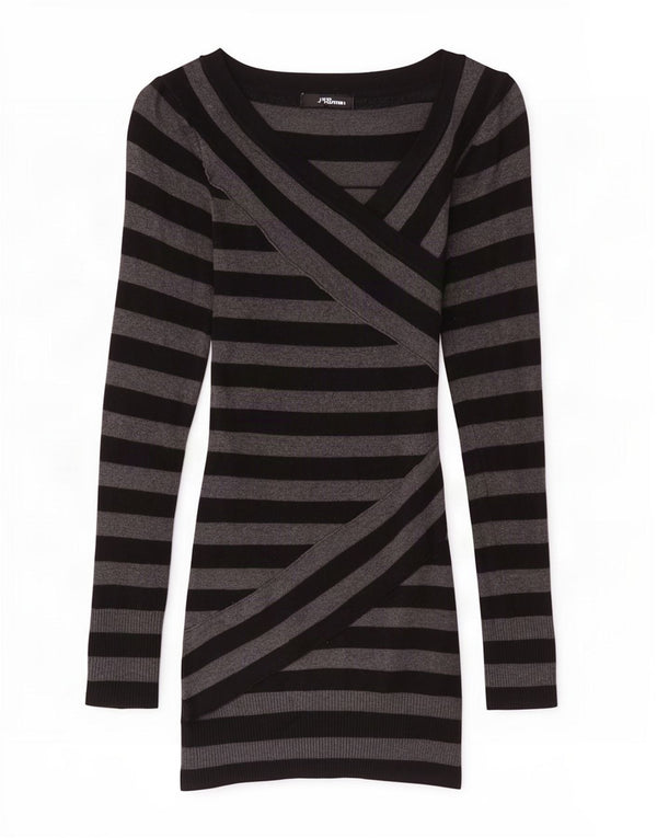 Jane Norman Pull long à col en V pour femme UK 10 Petit gris rayé