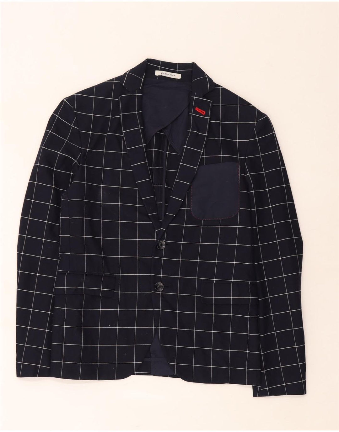 Zara Veste Blazer 2 Boutons Homme EU 46 Petit Bleu Marine à Carreaux Coton