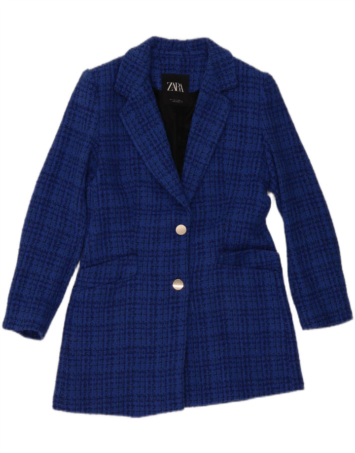 Zara Veste blazer à 2 boutons pour femme UK 10 Petit bleu à carreaux en coton