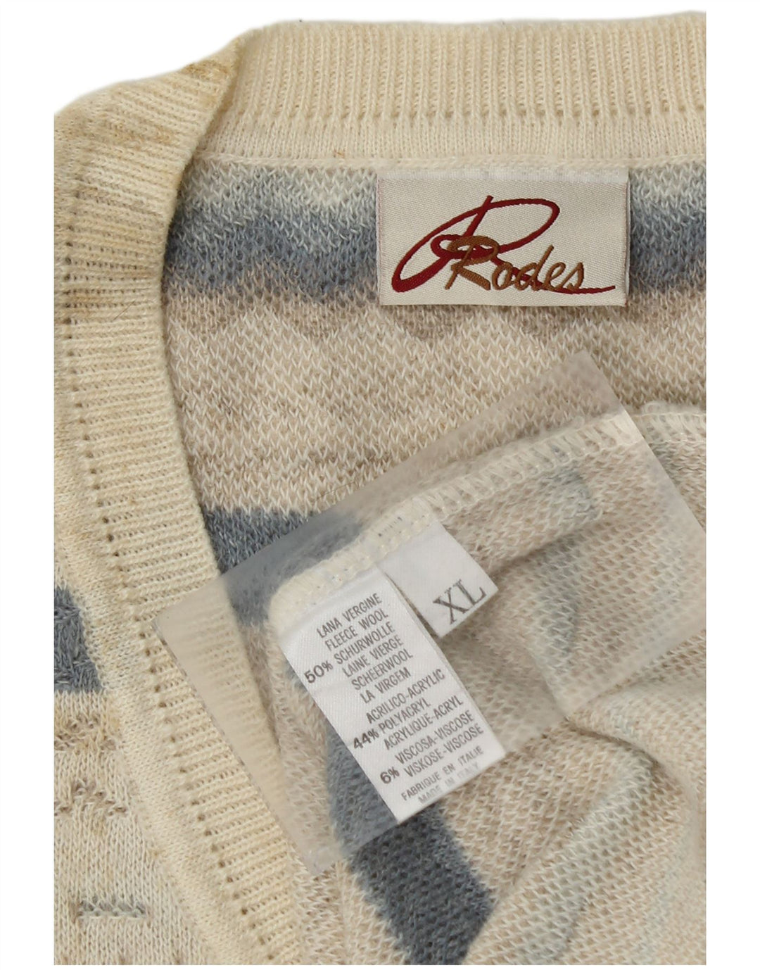 RODES Pull Col V Homme XL Laine Vierge Géométrique Blanc Cassé