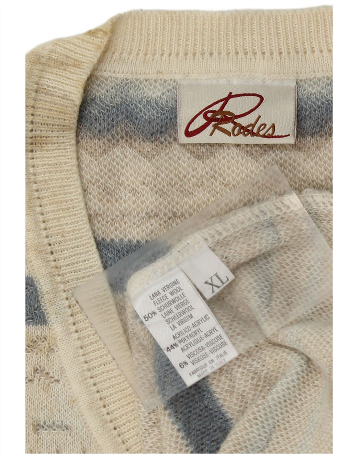 RODES Pull Col V Homme XL Laine Vierge Géométrique Blanc Cassé