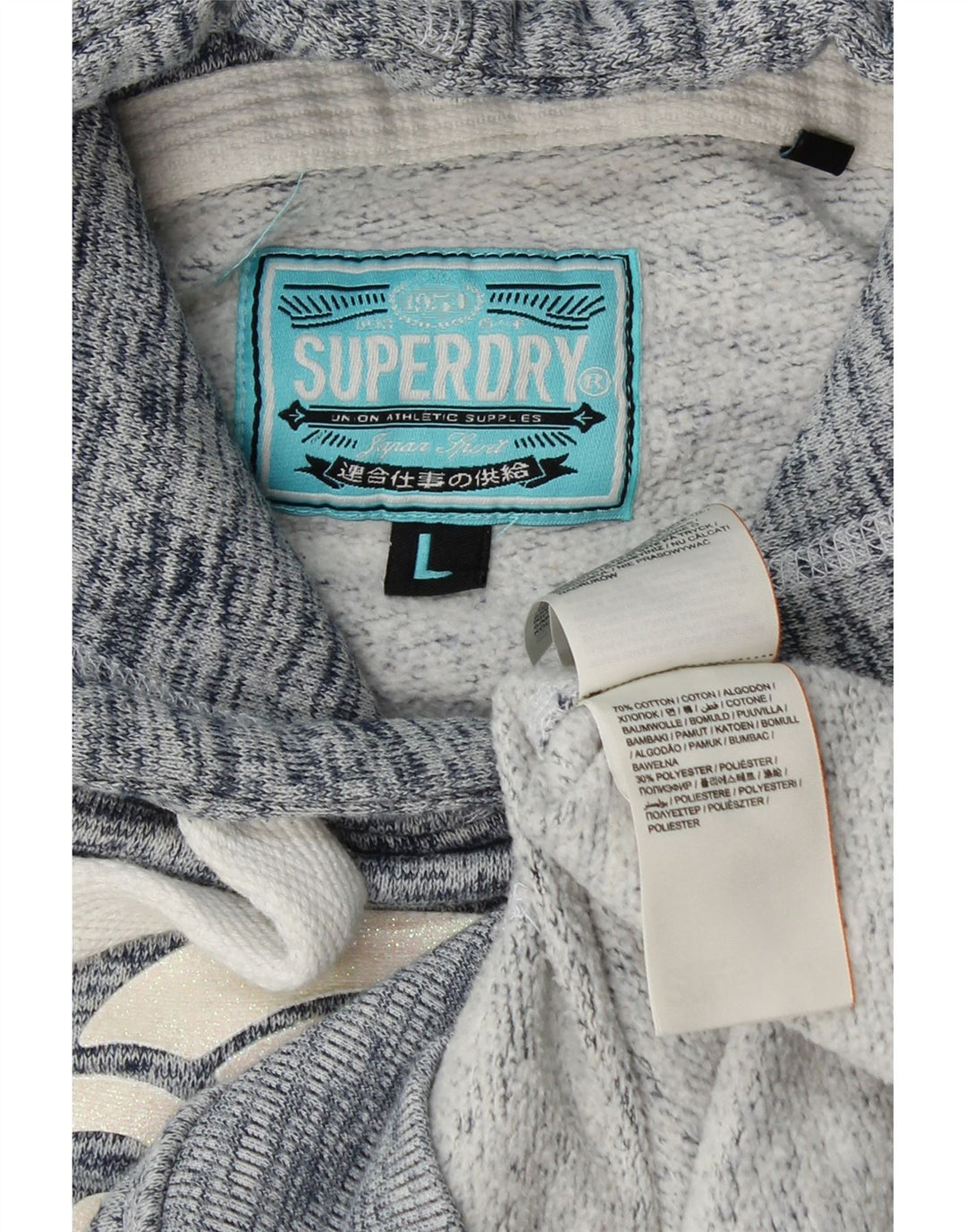 SUPERDRY Pull à capuche graphique pour femme UK 16 Grand coton moucheté bleu marine