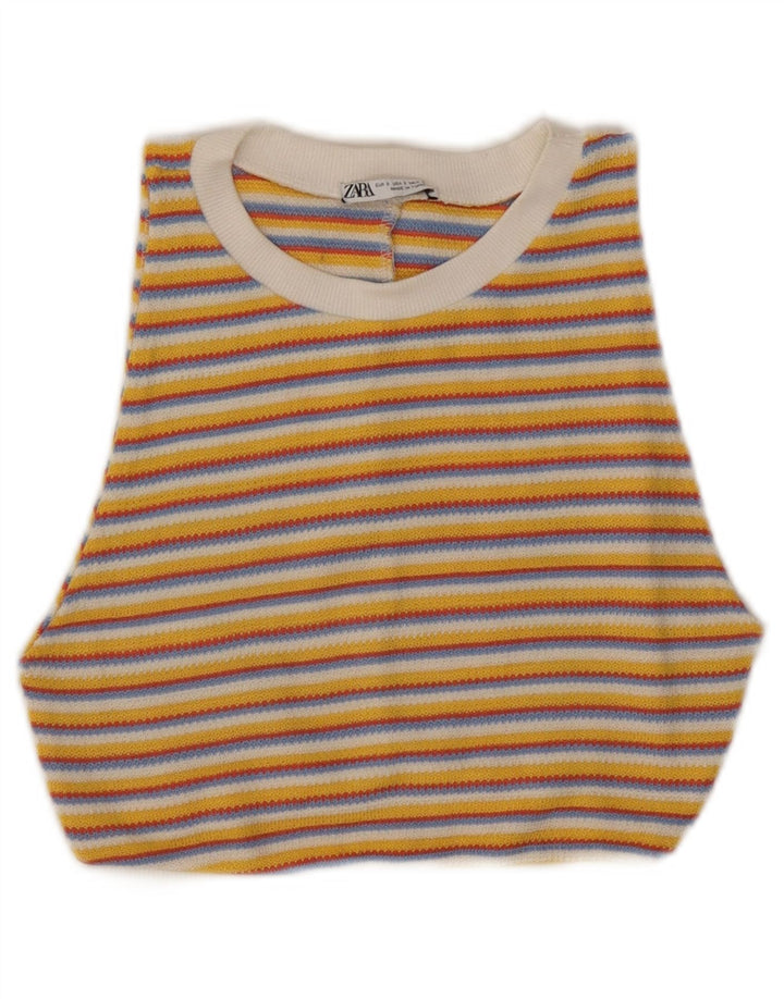 ZARA Womens Knit Crop Top UK 8 Petit Jaune Rayé