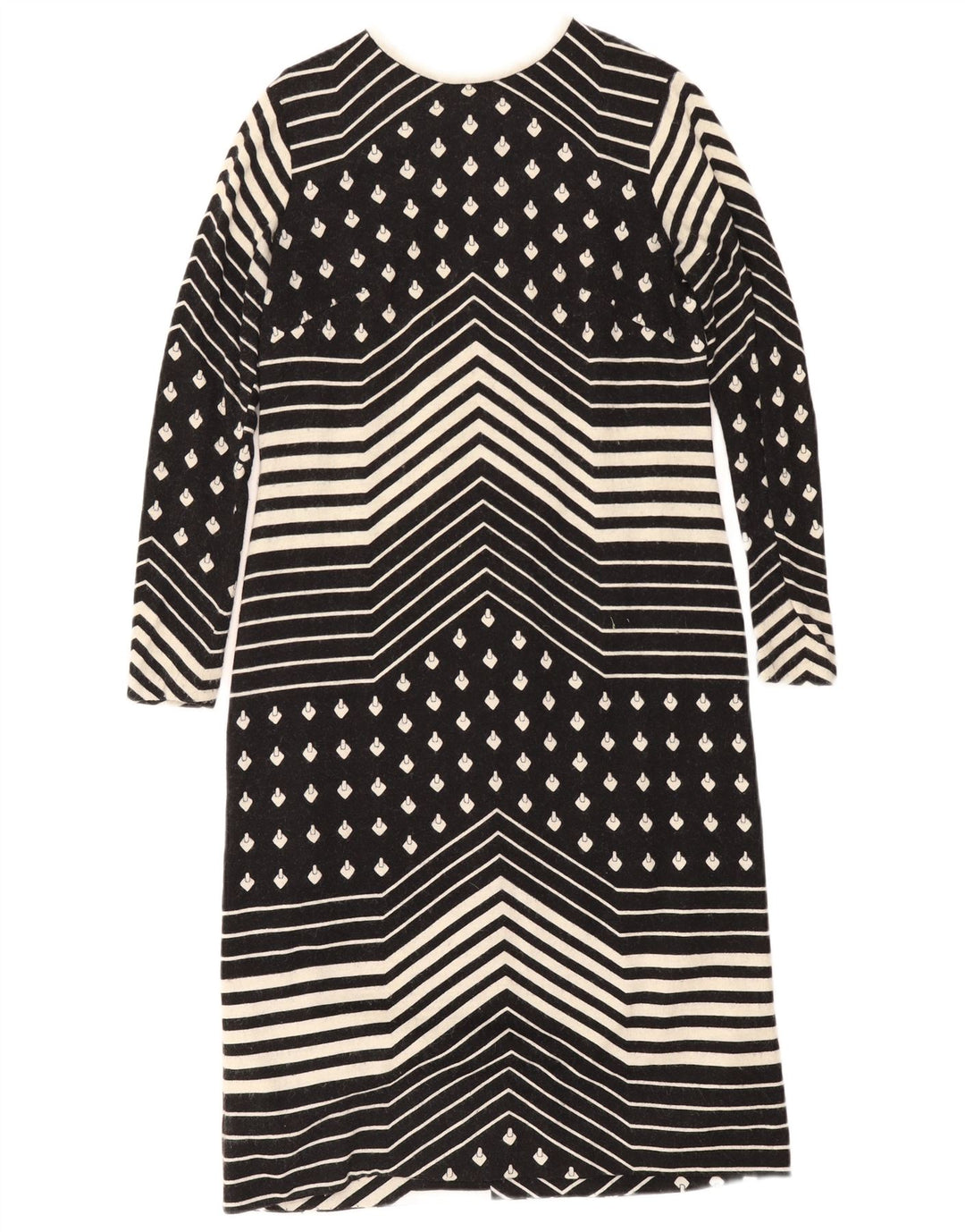 vintage Femmes Manches Longues Shift Robe UK 12 Moyen Noir Géométrique