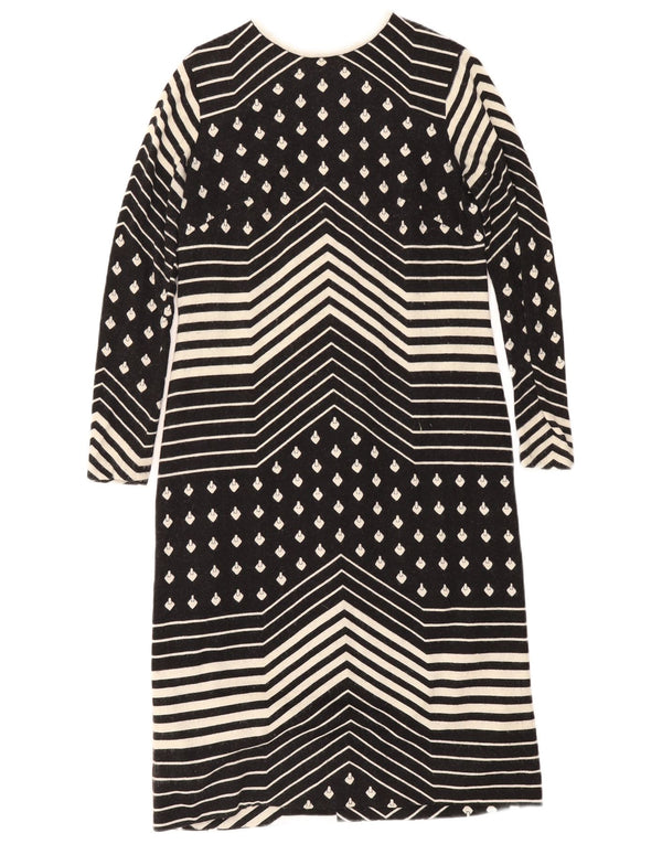 vintage Femmes Manches Longues Shift Robe UK 12 Moyen Noir Géométrique