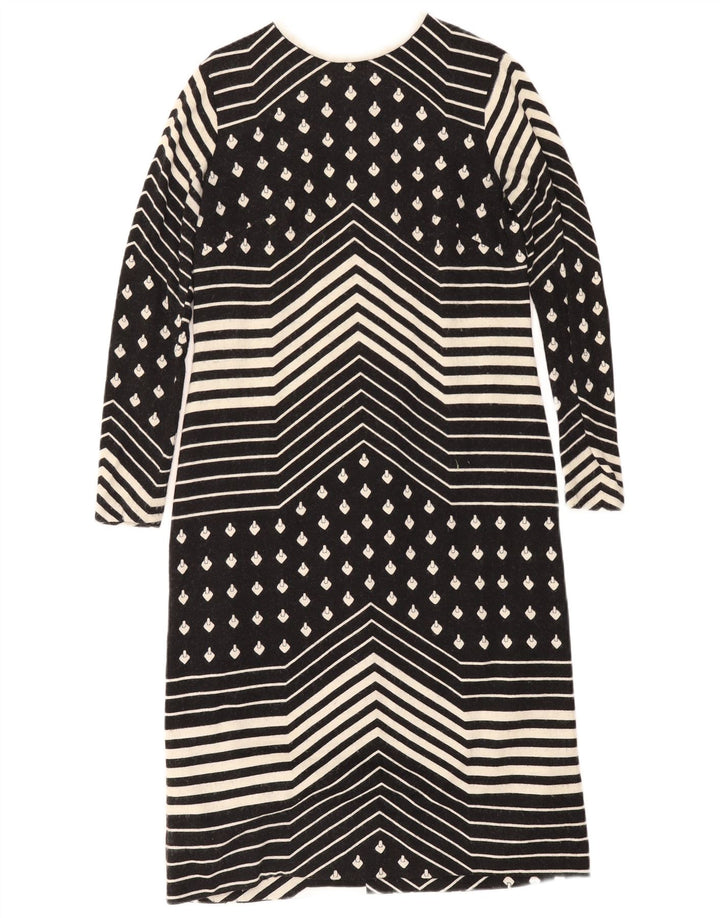 vintage Femmes Manches Longues Shift Robe UK 12 Moyen Noir Géométrique