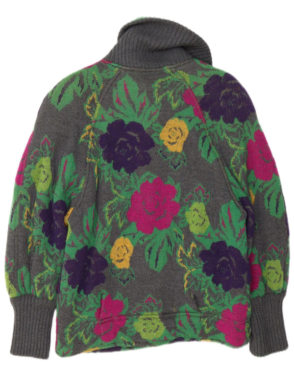 vintage Femme Cardigan Pull UK 16 Grand Gris Floral