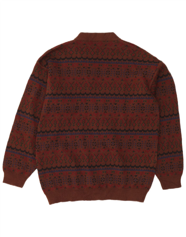 VINTAGE Pull Cardigan Homme XL Marron Fair Isle Acrylique