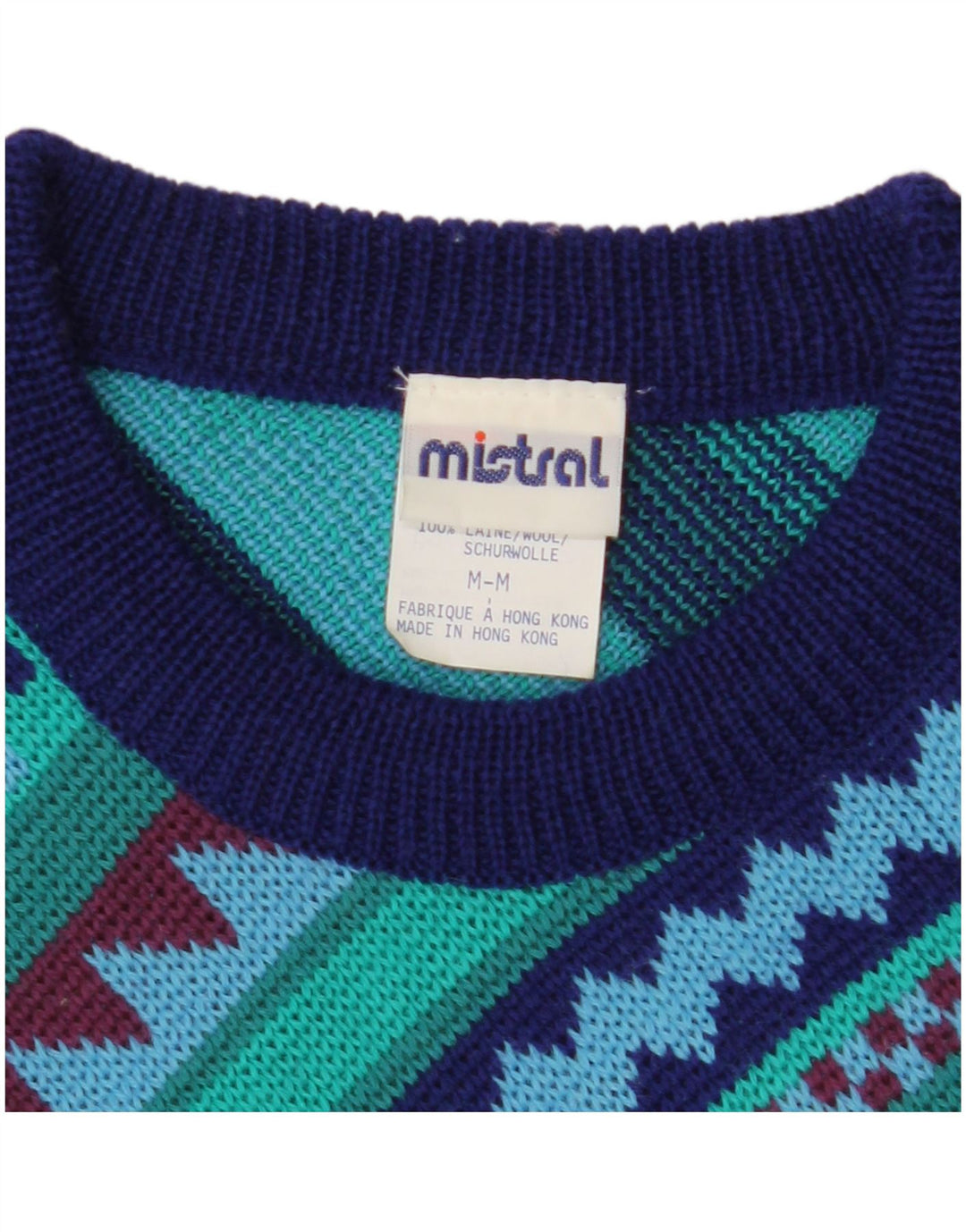 MISTRAL Pull col bateau pour homme en laine géométrique bleu marine moyen