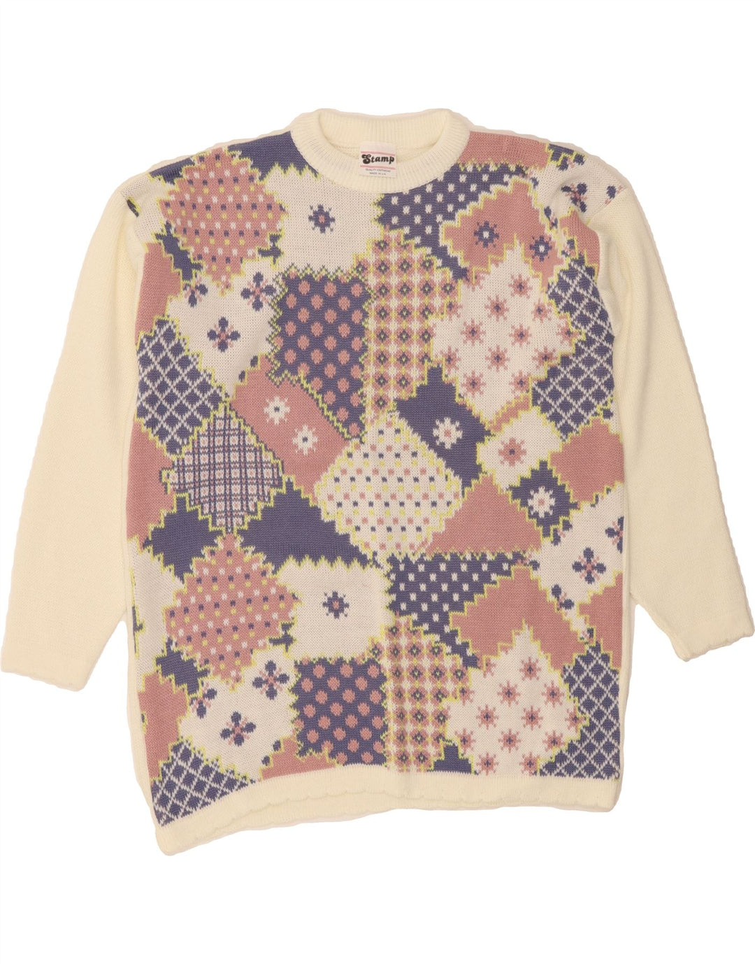 VINTAGE Womens Crew Neck Jumper Sweater UK 14 Large Off White Patchwork Vintage Vintage and Second-Hand Vintage from Messina Hembry 