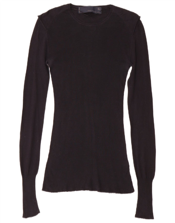 Zara Femme Top Manches Longues UK 14 Large Noir Coton