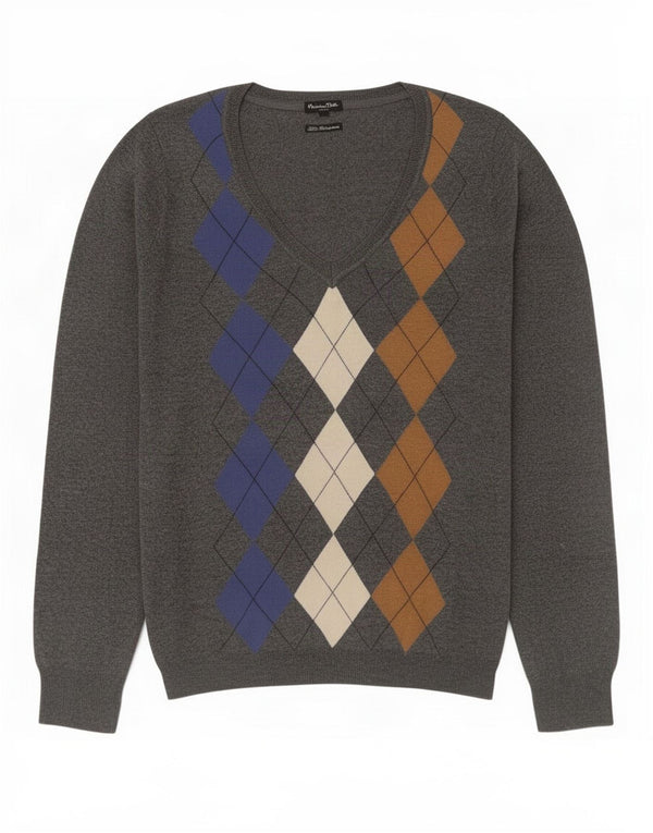 Massimo Dutti Pull col en V pour femme UK 16 Grand Gris Argyle/Diamant